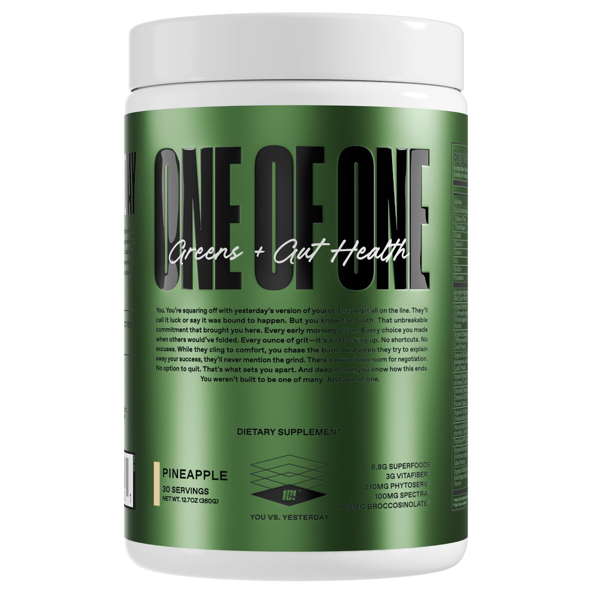 ONE OF ONE Greens & Gut Health tub with pineapple flavor for daily vitality.