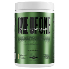 ONE OF ONE Greens & Gut Health tub with pineapple flavor for daily vitality.