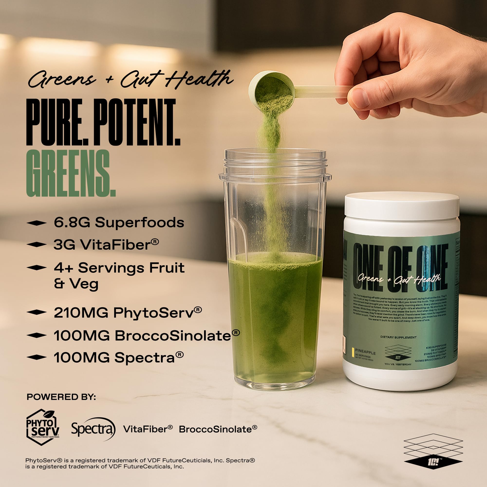 ONE OF ONE Greens & Gut Health nutrition facts on packaging to help informed choice.