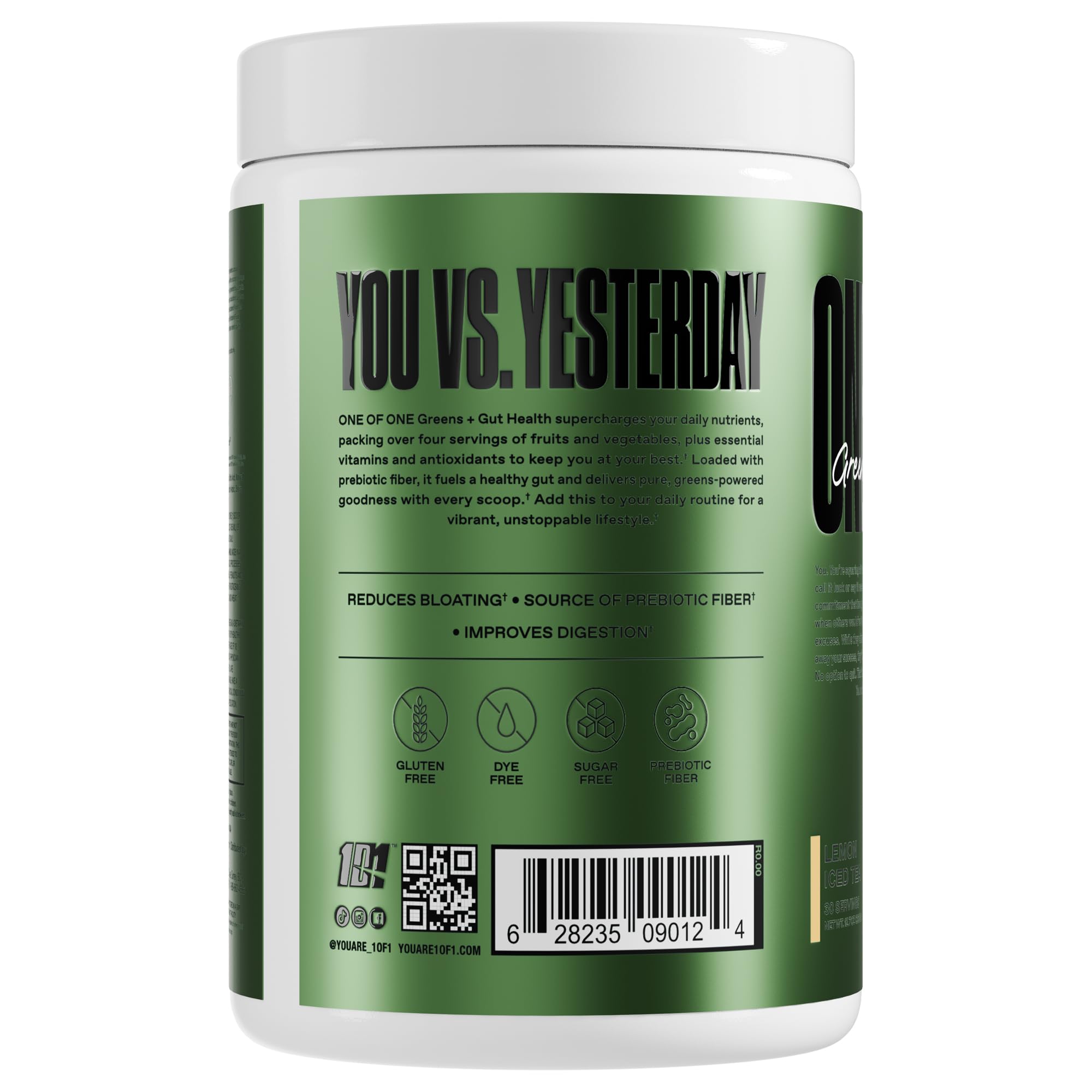 ONE OF ONE Greens & Gut Health scoop with powder texture for easy daily supplementation.