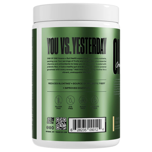 ONE OF ONE Greens & Gut Health scoop with powder texture for easy daily supplementation.