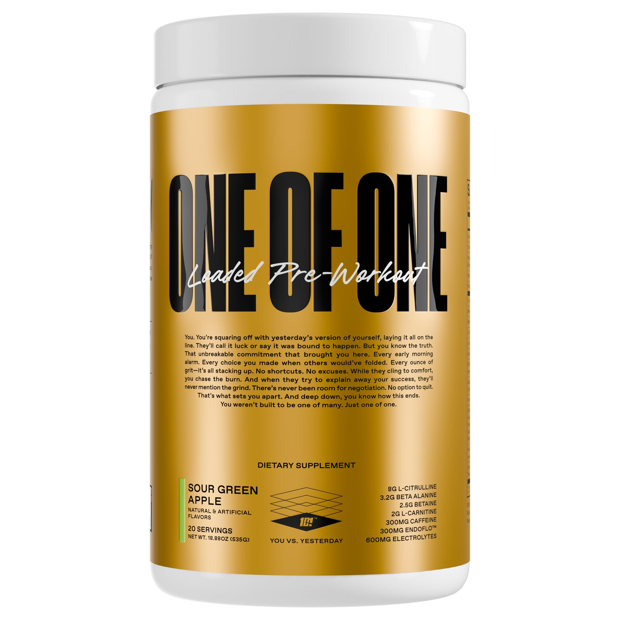 ONE OF ONE Loaded Pre-Workout bottle on a gym counter for a high-energy session
