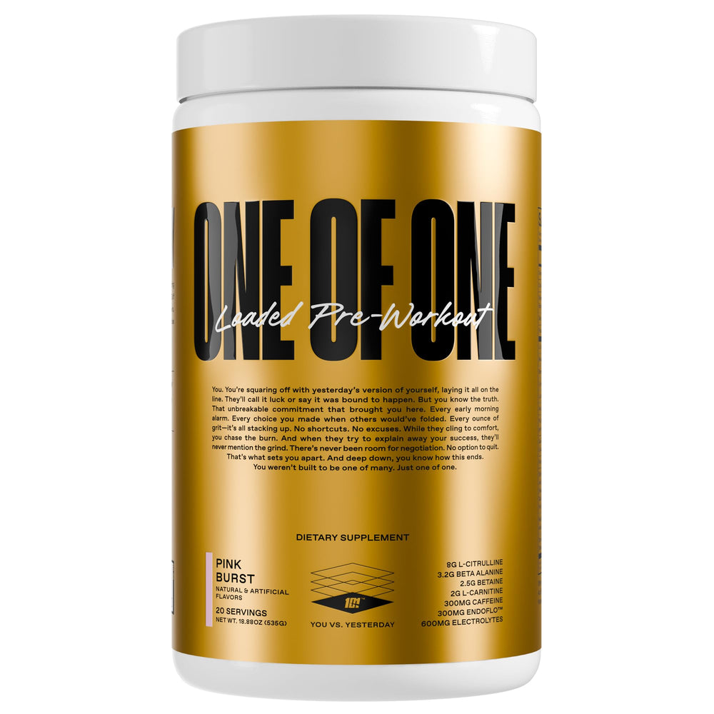 ONE OF ONE Loaded Pre-Workout Pink Burst bottle – high-stim energy for workouts.