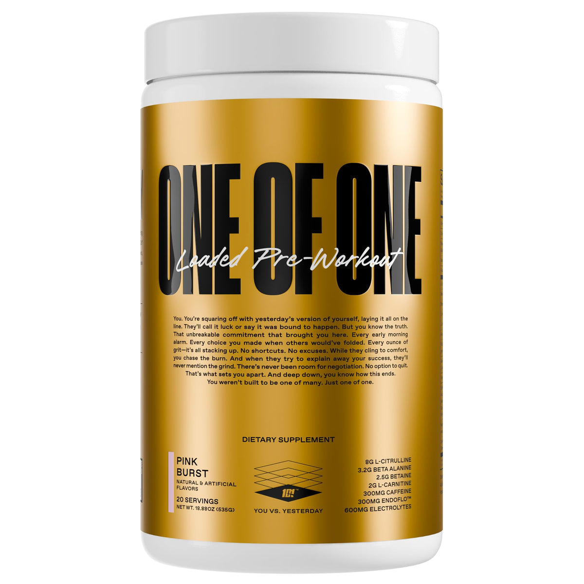 ONE OF ONE Loaded Pre-Workout Pink Burst bottle – high-stim energy for workouts.