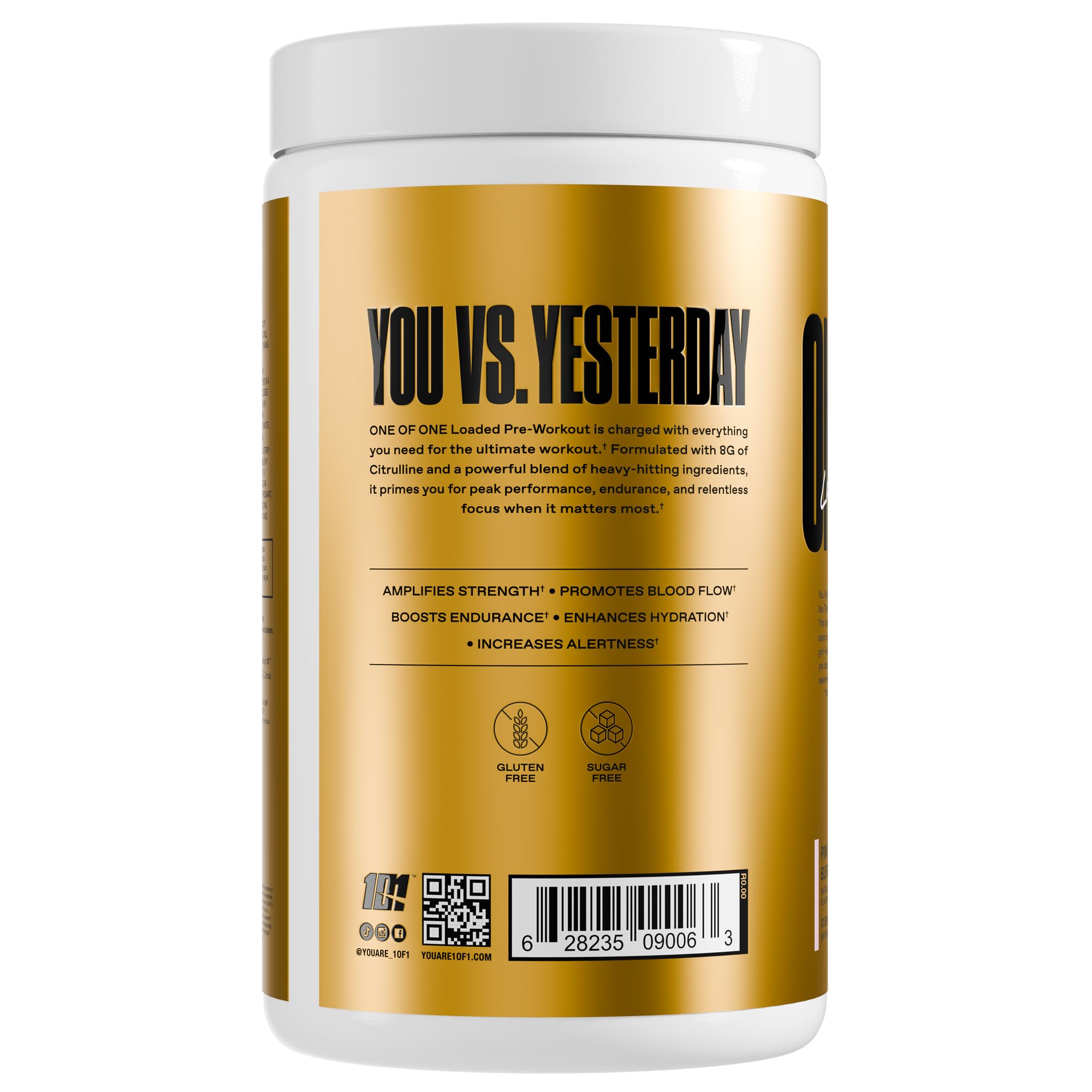 ONE OF ONE Loaded Pre-Workout Pink Burst label – Alpha GPC for sharper focus.