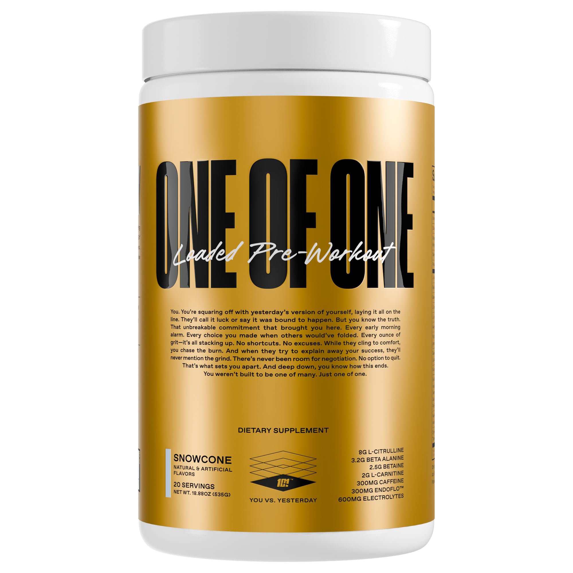 ONE OF ONE Loaded Pre-Workout Snow Cone can boosts energy and focus for workouts.