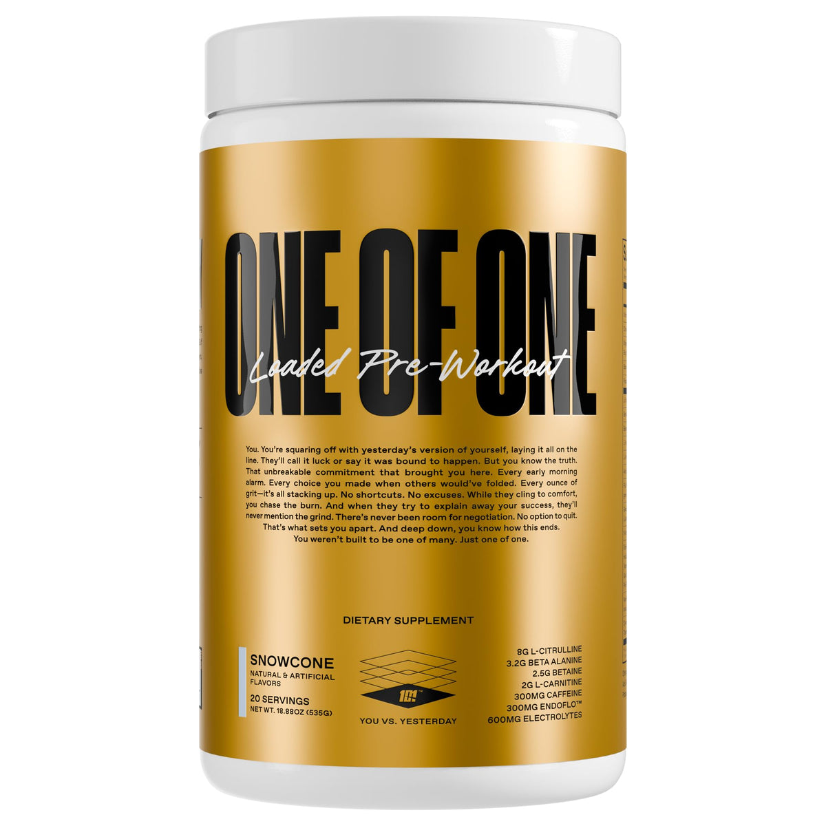 ONE OF ONE Loaded Pre-Workout Snow Cone can boosts energy and focus for workouts.