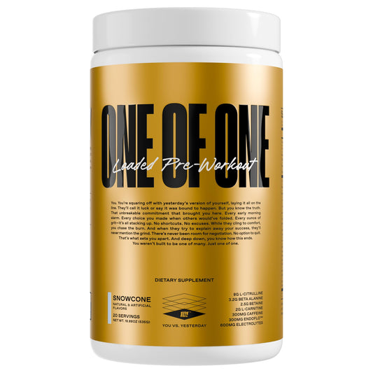 ONE OF ONE Loaded Pre-Workout Snow Cone can boosts energy and focus for workouts.