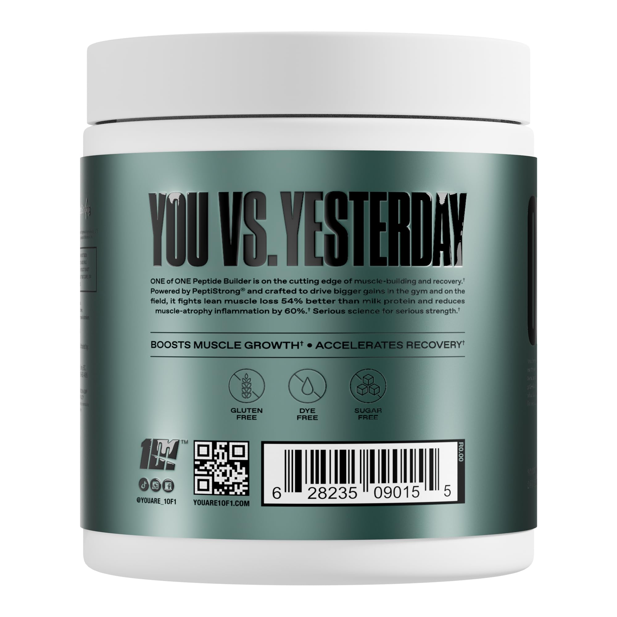 Close-up of the ONE OF ONE Peptide Builder label highlighting the science-backed blend.