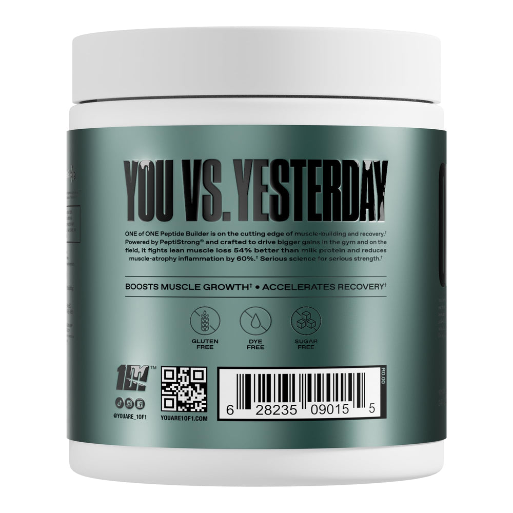 Close-up of the ONE OF ONE Peptide Builder label highlighting the science-backed blend.