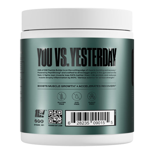 Close-up of the ONE OF ONE Peptide Builder label highlighting the science-backed blend.