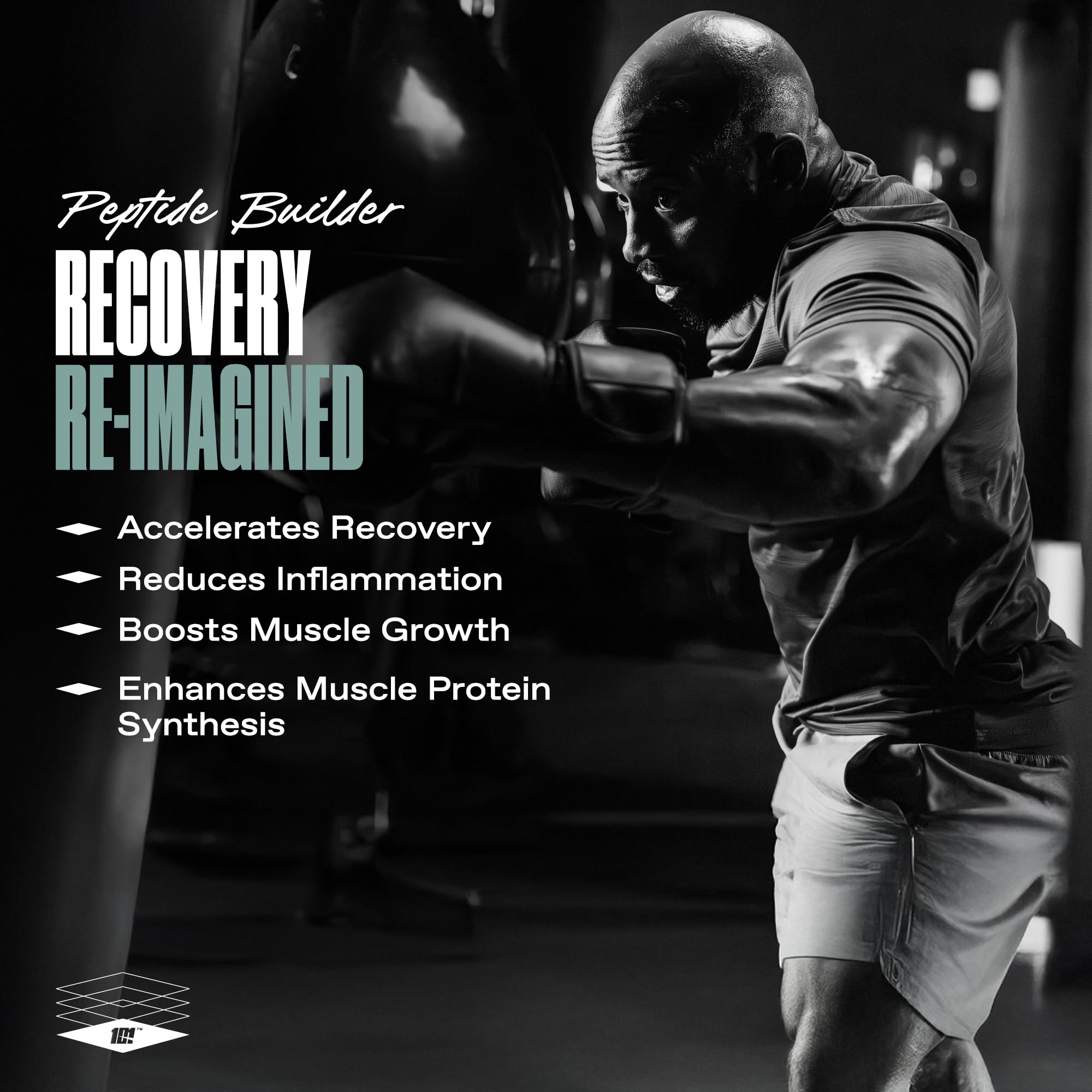 Shaker-ready scene with ONE OF ONE Peptide Builder showing simple post-workout mixing.