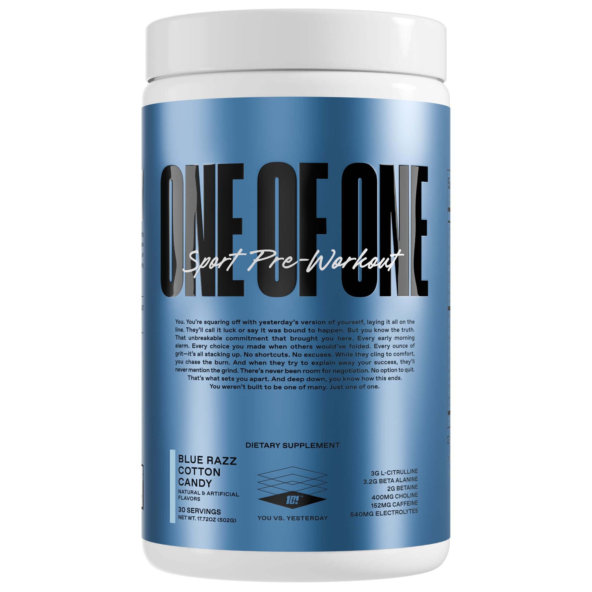 ONE OF ONE Sport Pre-Workout bottle with Blue Raz Cotton Candy flavor for clean energy