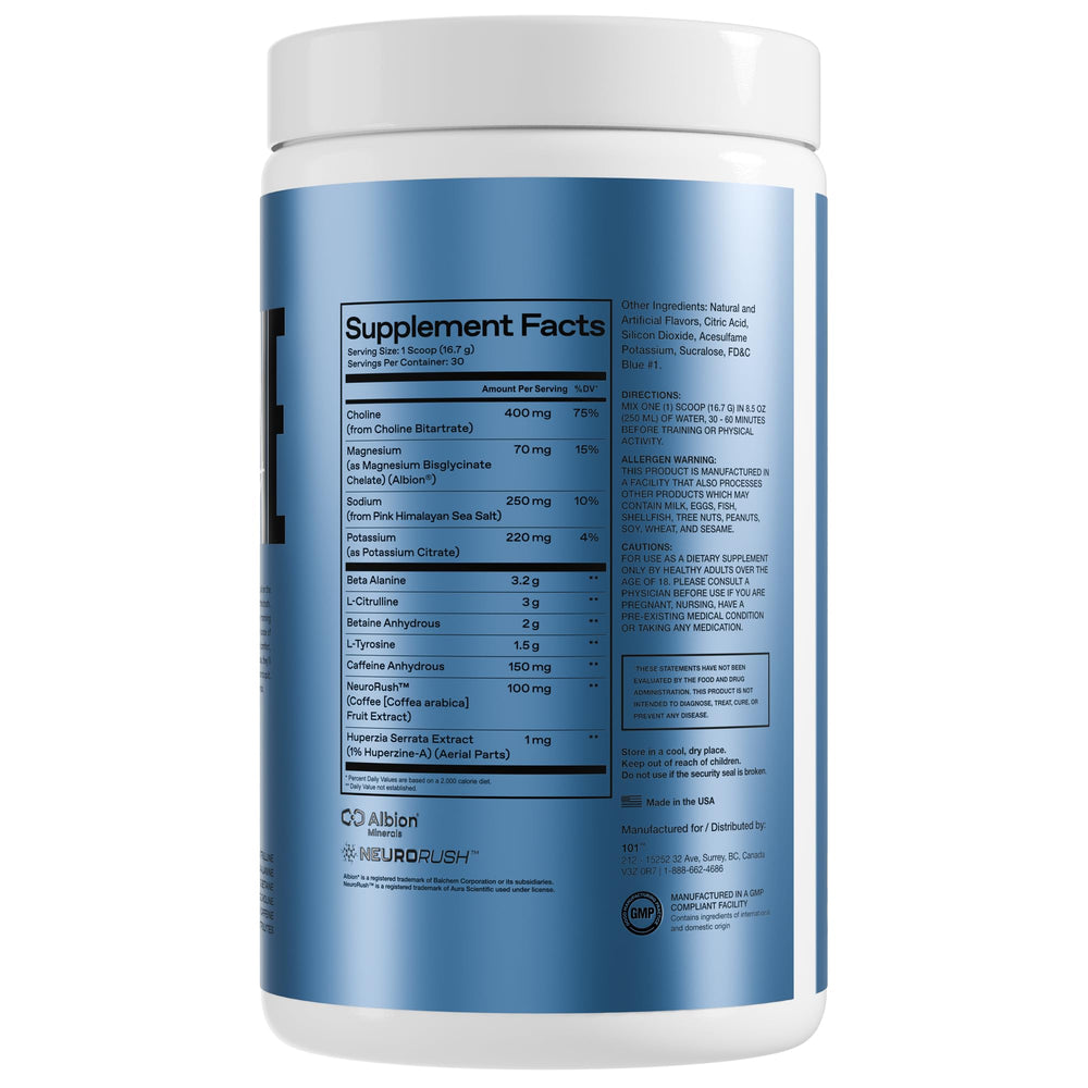 Label close-up of ONE OF ONE Sport Pre-Workout highlighting gluten-free and USA-made