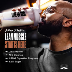 ONE OF ONE whey label on US-made facility highlights purity.