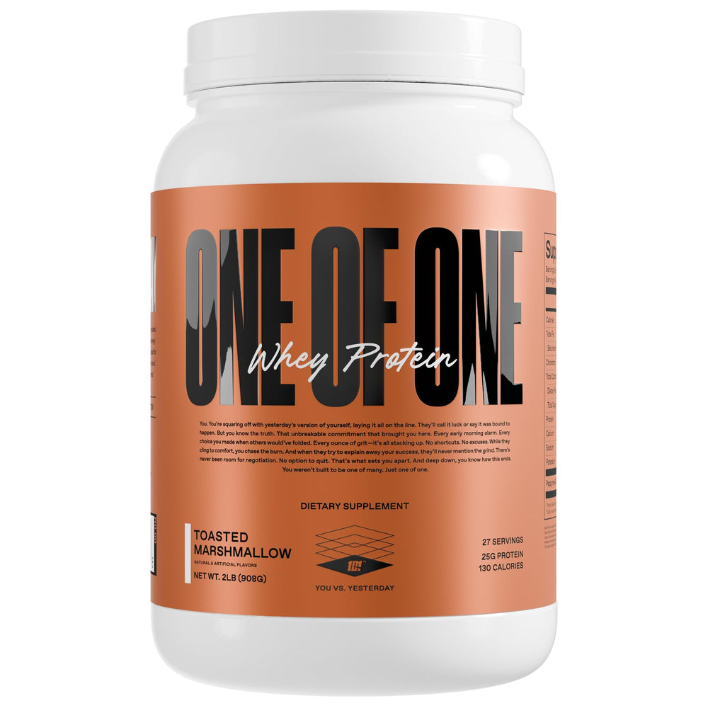 ONE OF ONE Whey powder tub in toasted marshmallow flavor for post-workout recovery.