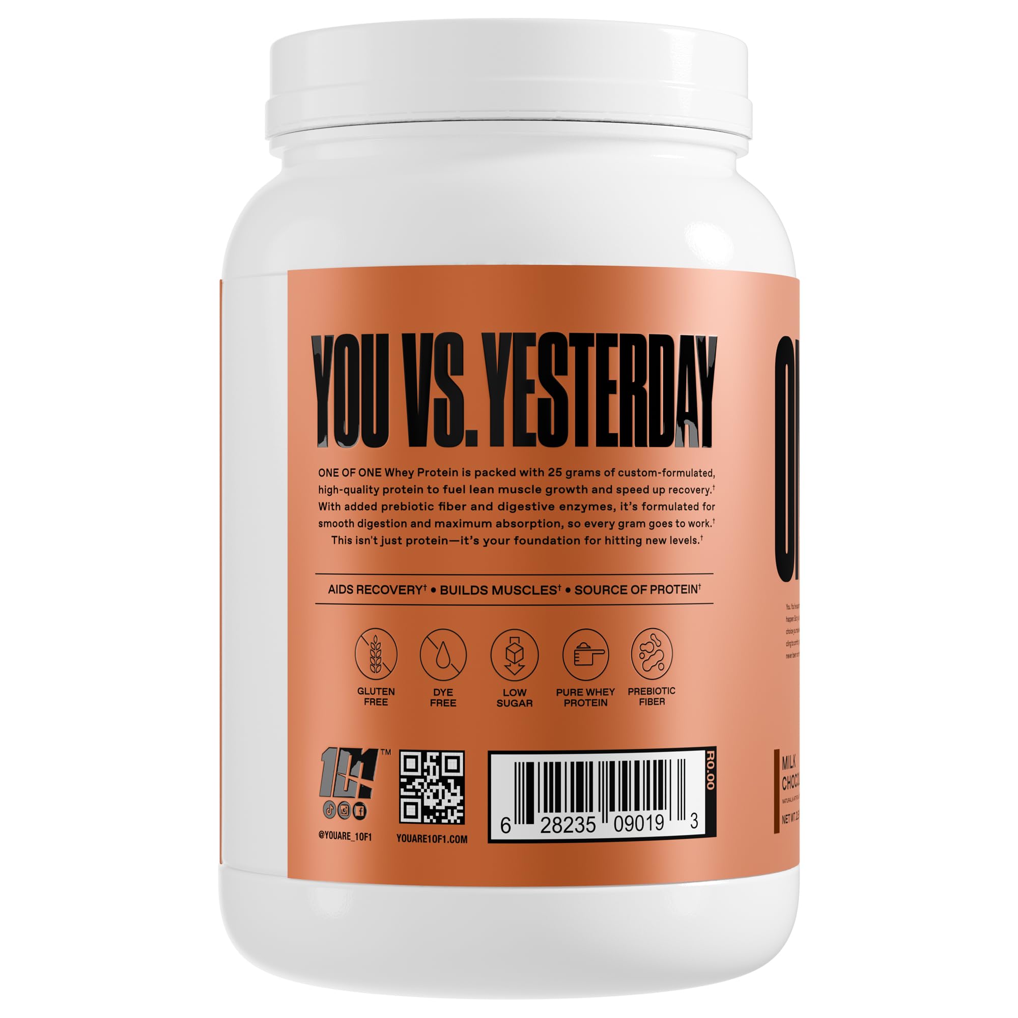 ONE OF ONE Whey protein gluten-free label showing purity and quality