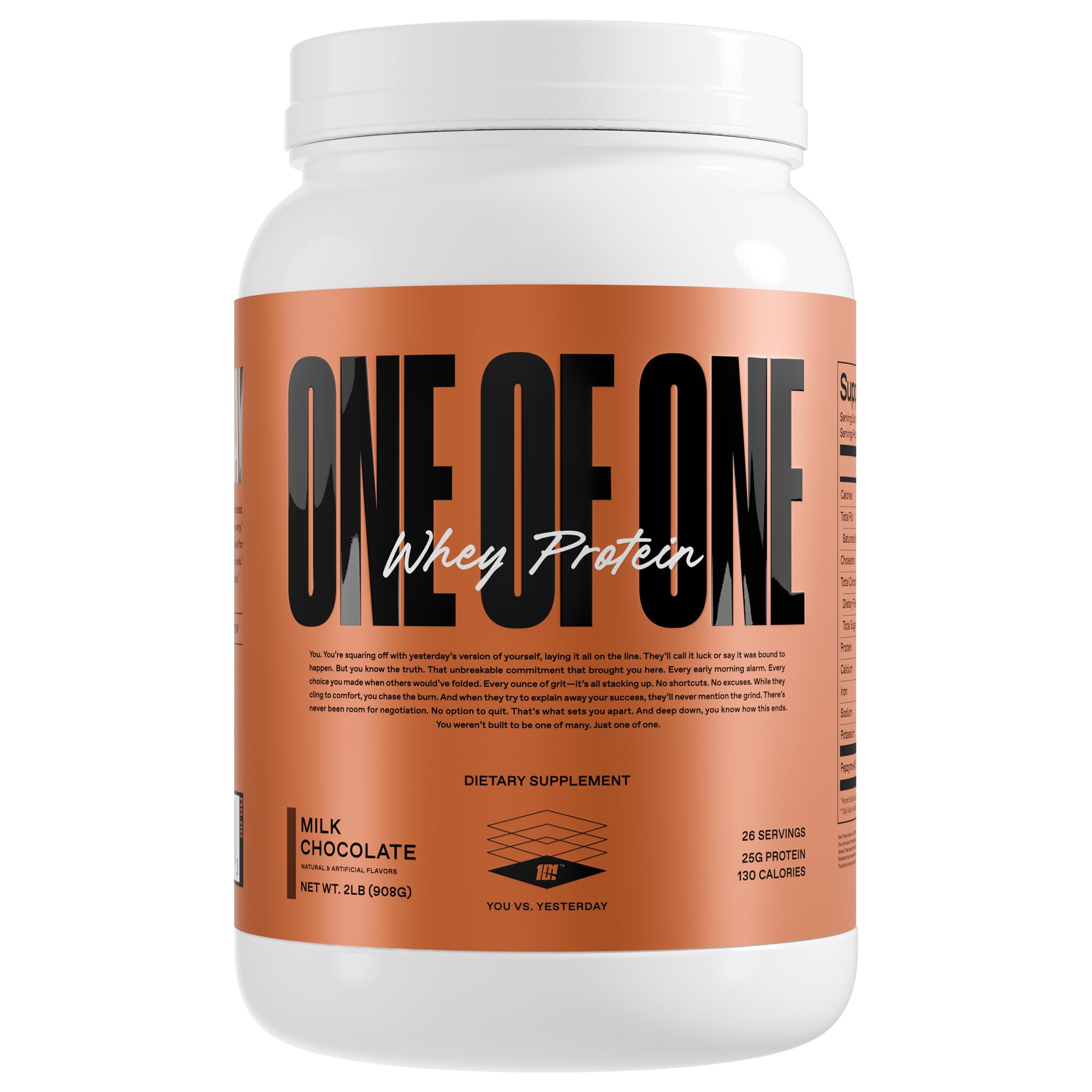 ONE OF ONE Whey protein milk chocolate tub for convenient post-workout recovery
