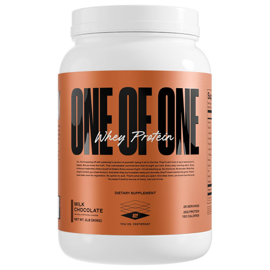 ONE OF ONE Whey protein milk chocolate tub for convenient post-workout recovery