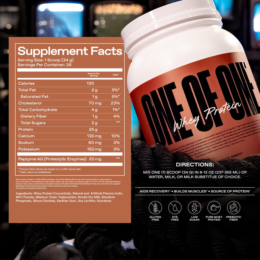 ONE OF ONE Whey scoop highlights precise portion control.
