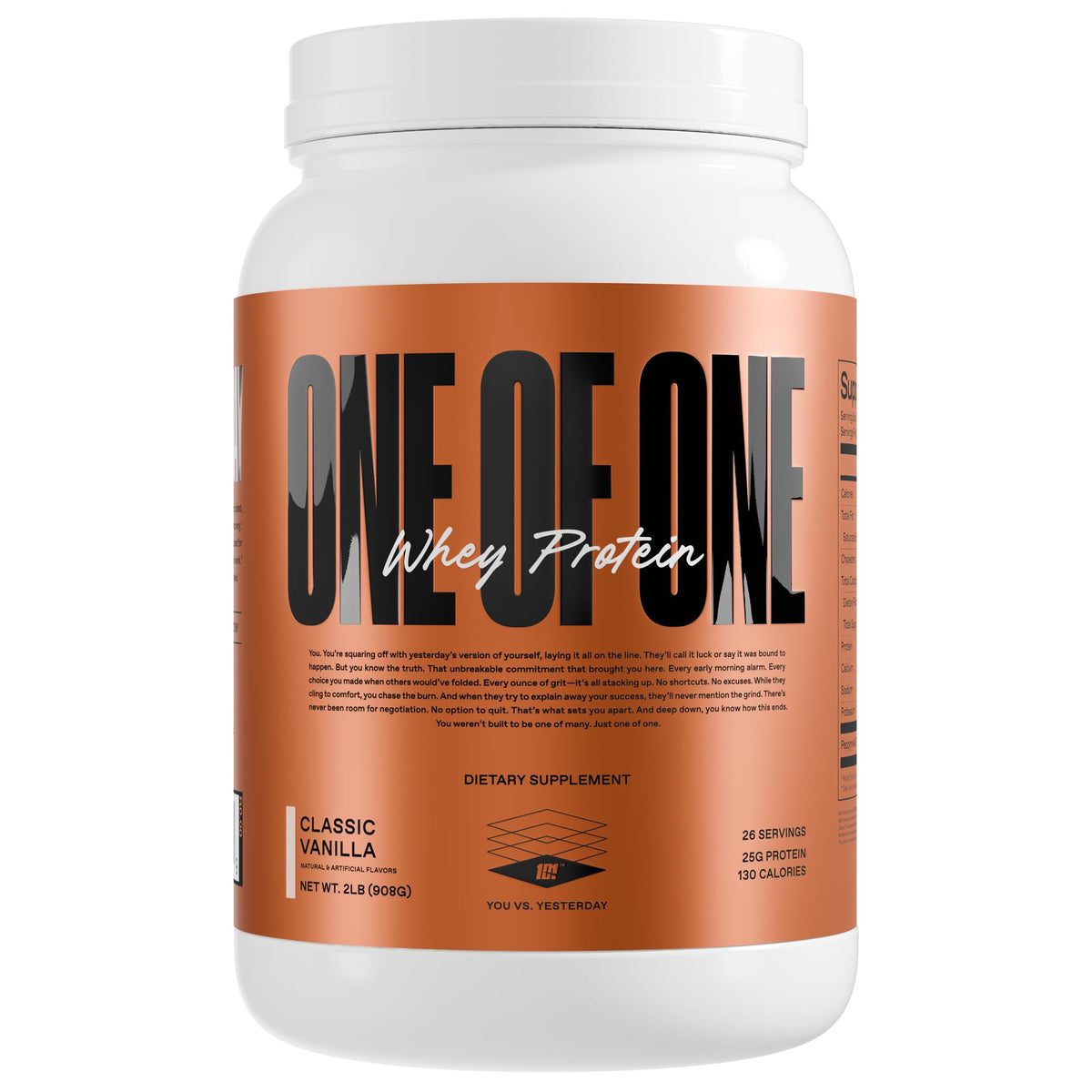 ONE OF ONE Whey vanilla jar highlights premium protein for post-workout fueling.