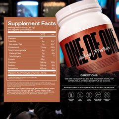 ONE OF ONE whey serving setup after workout with fruits.