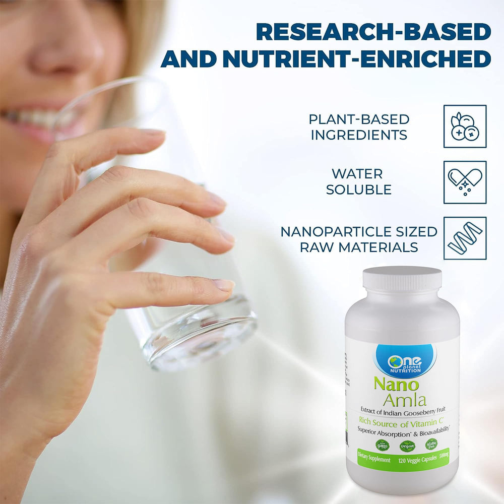 One Planet Nutrition Amla fruit extract amber bottle emphasizes antioxidant content.