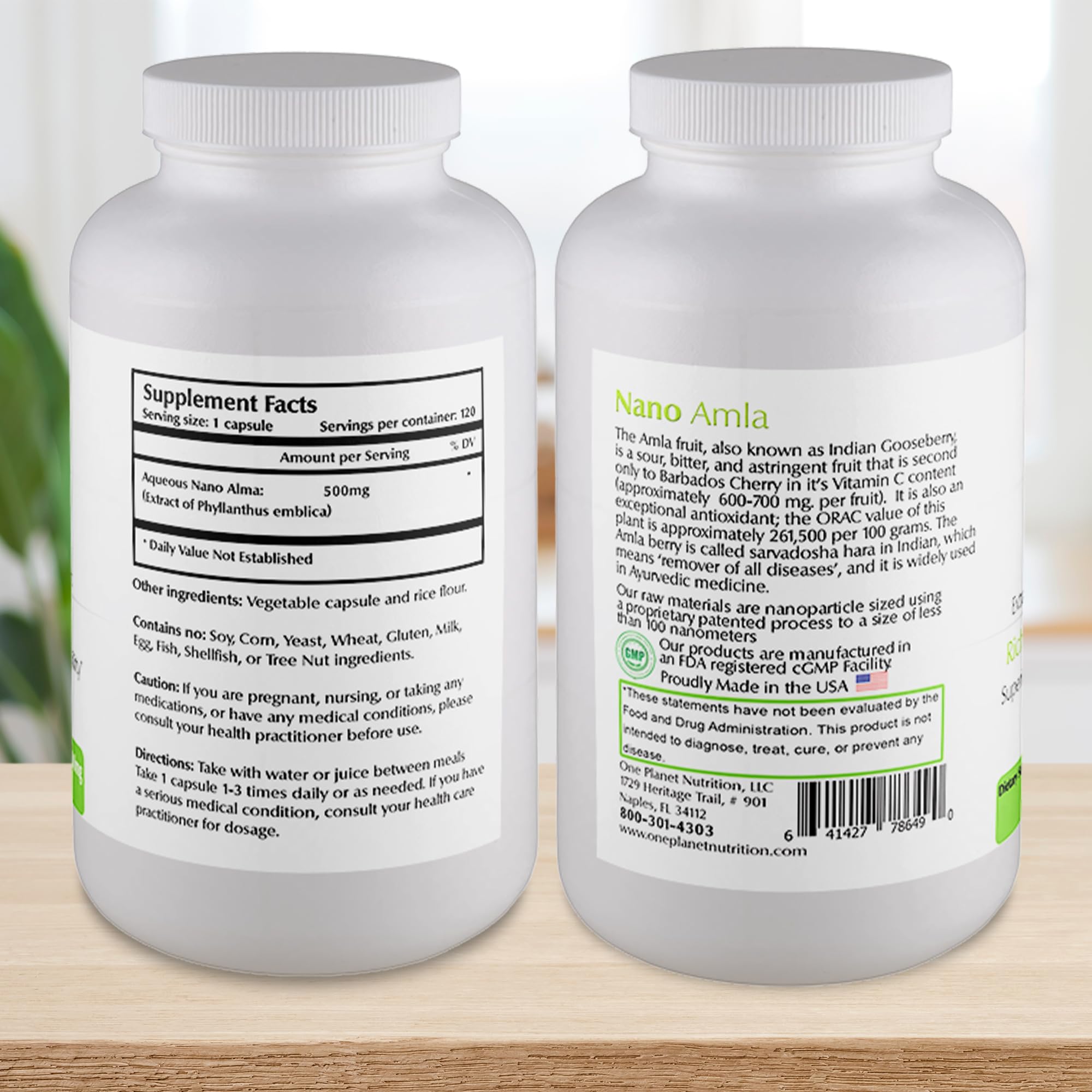 One Planet Nutrition Nano Amla bottle front shows vegan, gluten-free formula for vitality.