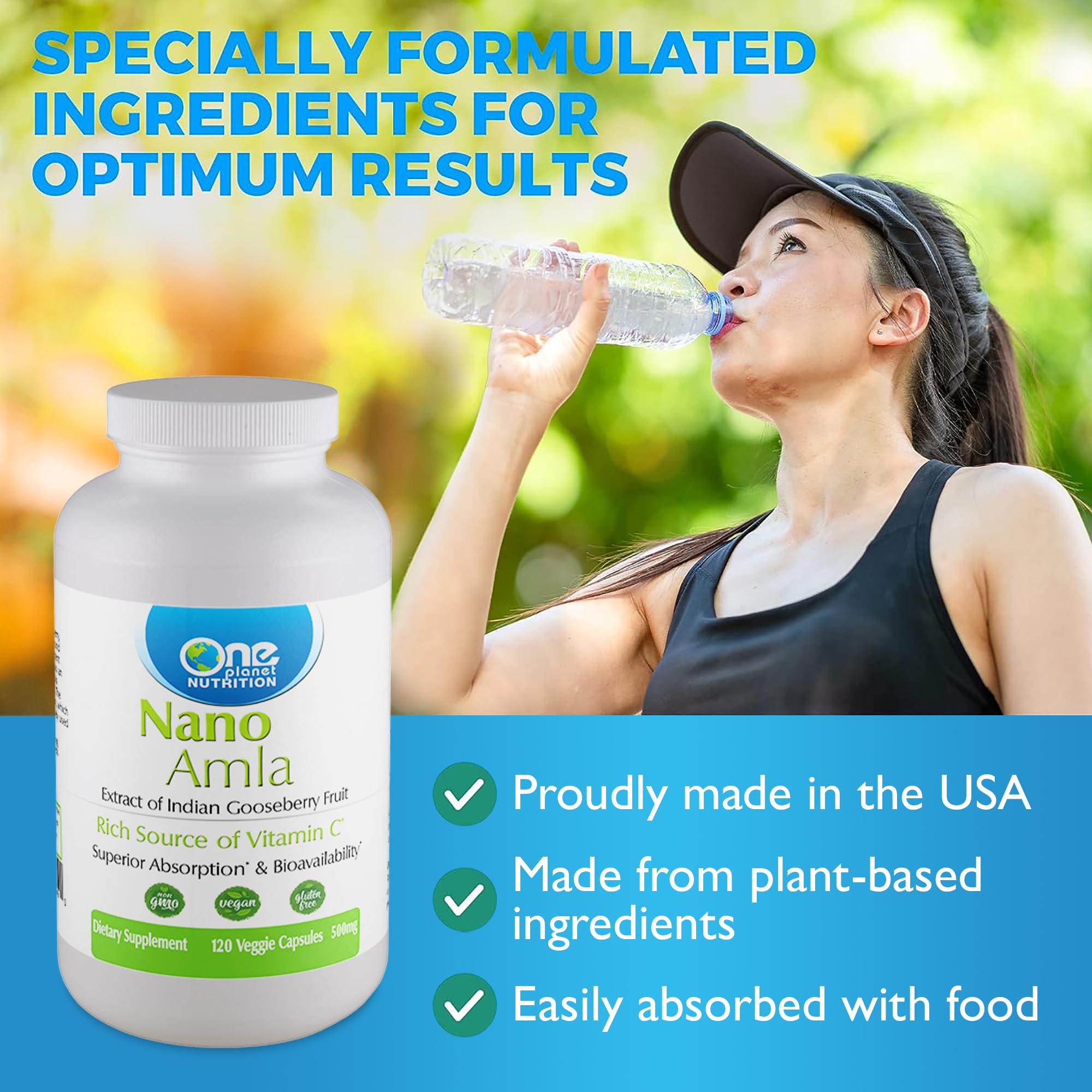 One Planet Nutrition Nano Amla bottle in use for easy daily routine.
