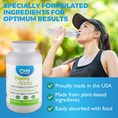 One Planet Nutrition Nano Amla bottle in use for easy daily routine.