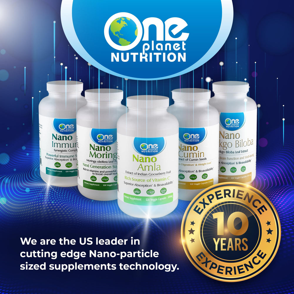 One Planet Nutrition Nano Amla capsules closeup highlights nano-size for absorption.