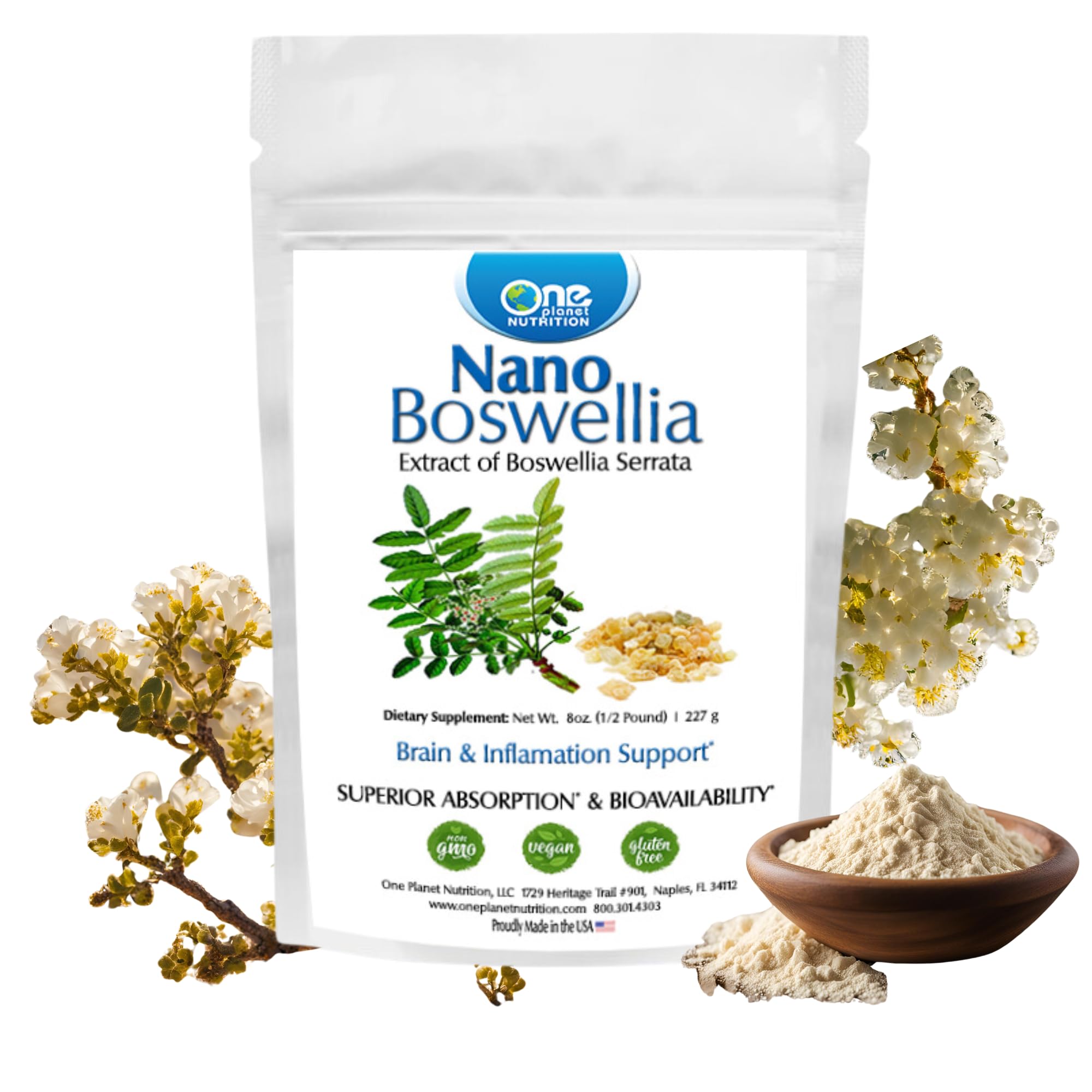 One Planet Nutrition Nano Boswellia powder bottle with pure Boswellia Serrata resin, for daily use.