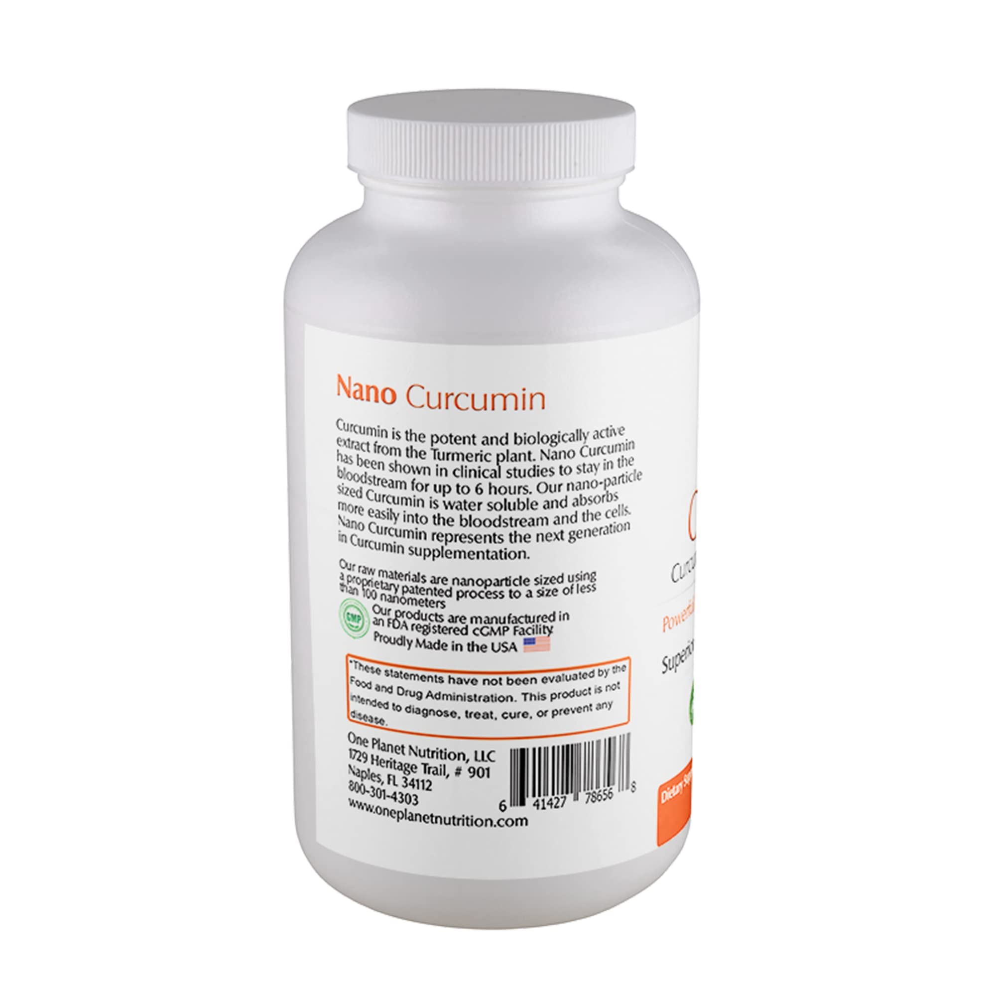 One Planet Nutrition Nano Curcumin label highlights vegan, non-GMO, gluten-free attributes.