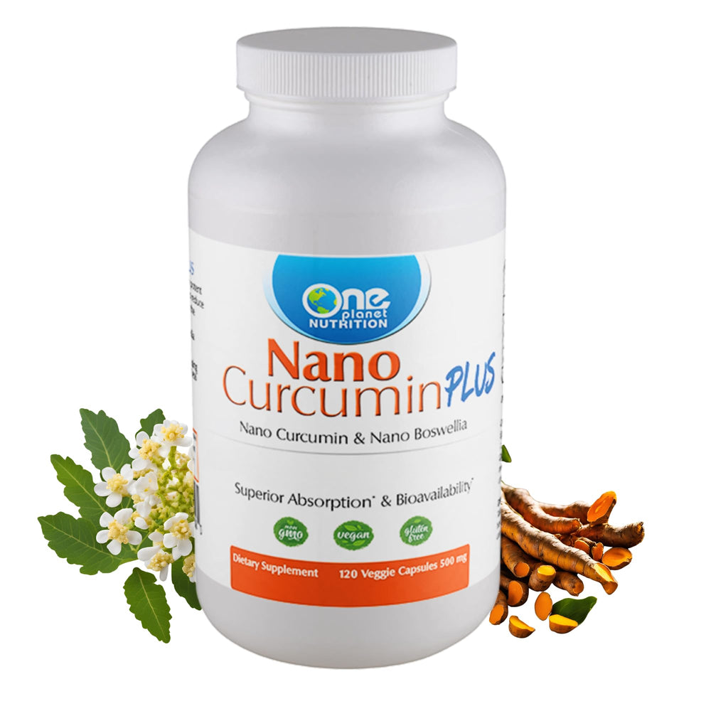 One Planet Nutrition Nano Curcumin Plus bottle emphasizing high-absorption blend for daily joint support