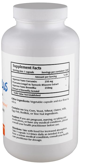 Close-up of Nano Curcumin Plus capsules showing vegan, easy-to-swallow format.