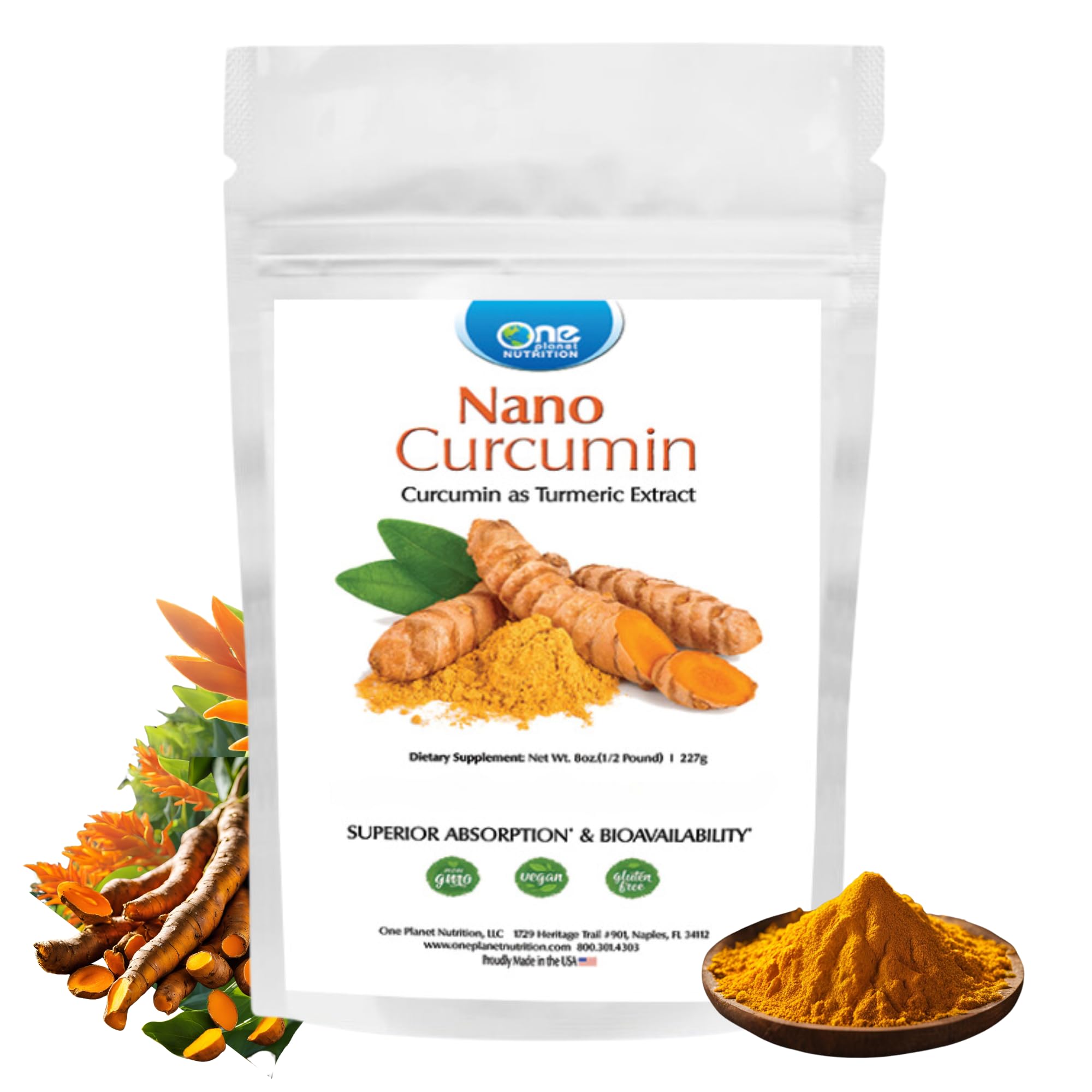 One Planet Nutrition Nano Curcumin Powder bottle ready for a smoothie boost.