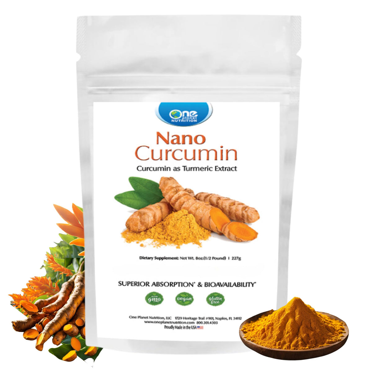 One Planet Nutrition Nano Curcumin Powder bottle ready for a smoothie boost.