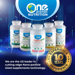 One Planet Nutrition Nano Curcumin third-party testing badge for purity.