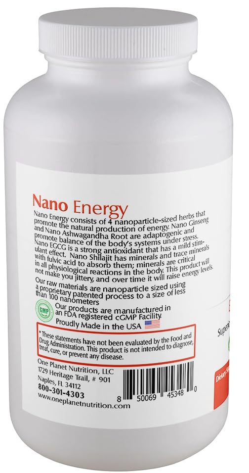 One Planet Nutrition Nano Energy bottle label highlights nano-size nutrients and daily serving.