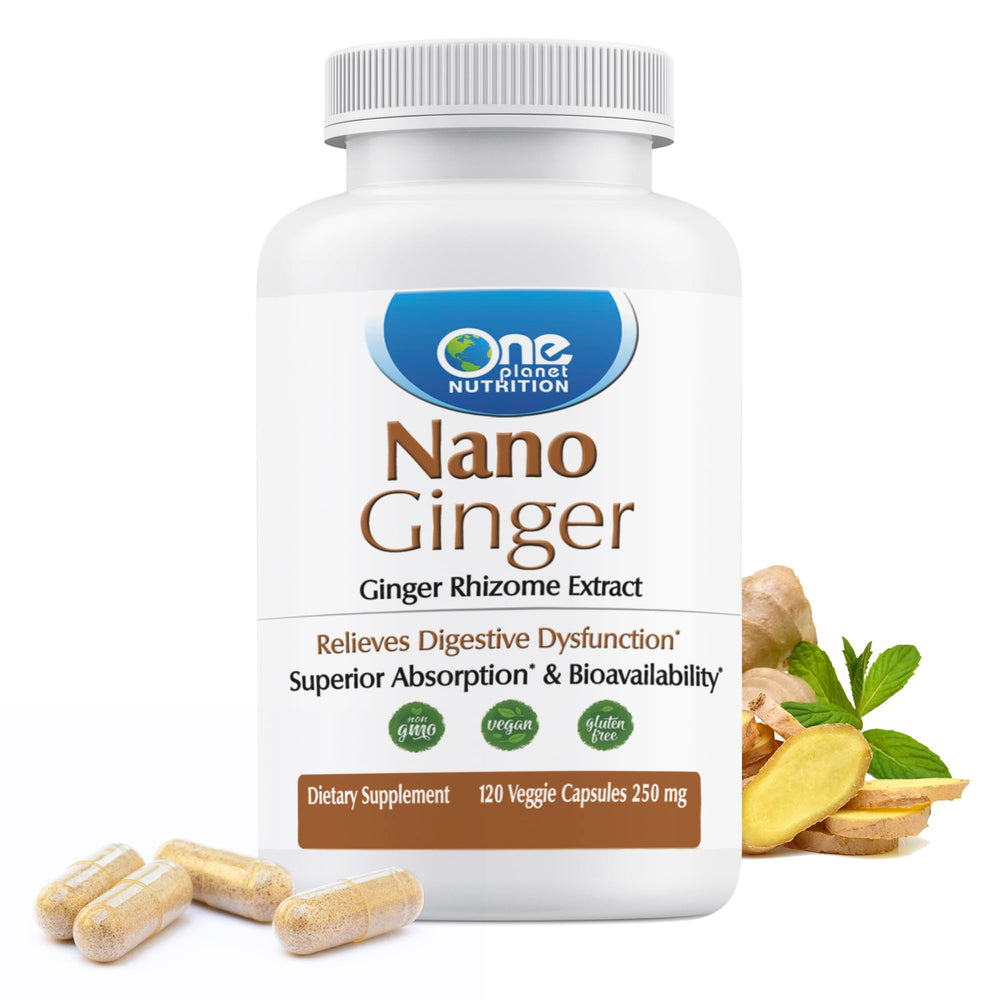 One Planet Nutrition Nano Ginger Root bottle shown on a kitchen counter, supporting daily digestion.