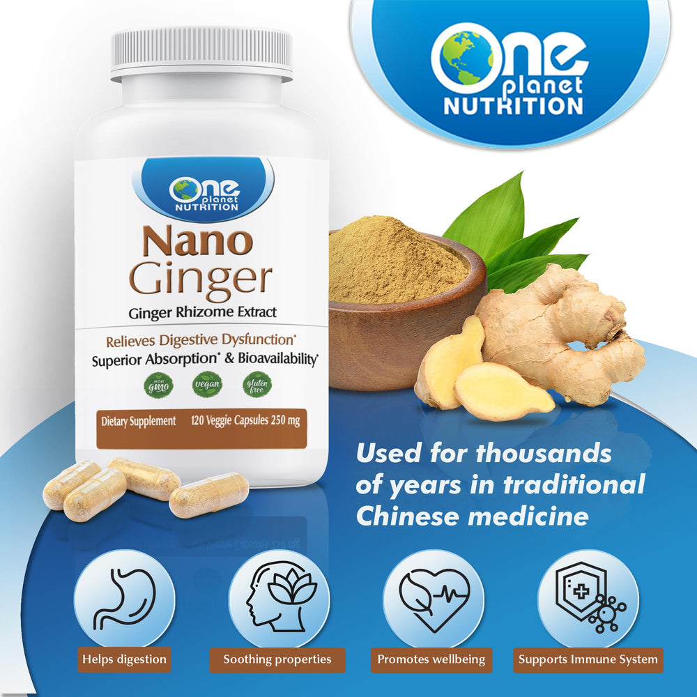 One Planet Nutrition Nano Ginger Root capsule shown being taken daily.