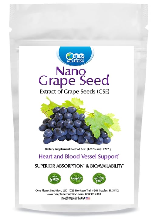 One Planet Nutrition Nano Grape Seed Powder 8 oz bottle highlighting high-potency antioxidant blend.