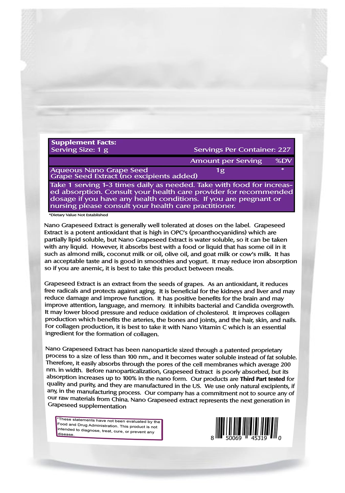 One Planet Nutrition Nano Grape Seed Powder serving scoop for easy daily dose.