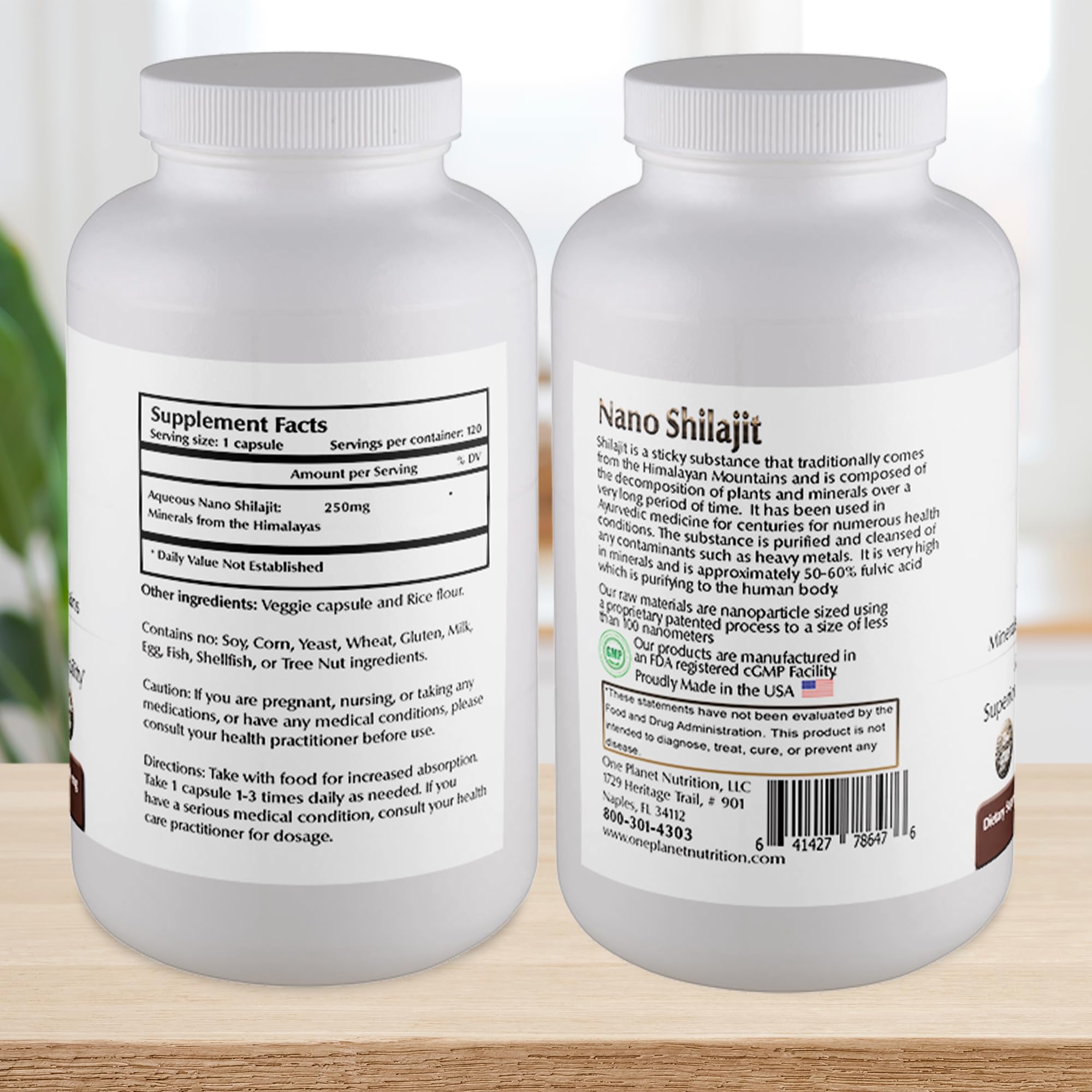 Close-up of Nano Shilajit veggie capsules highlighting nano size and easy absorption.
