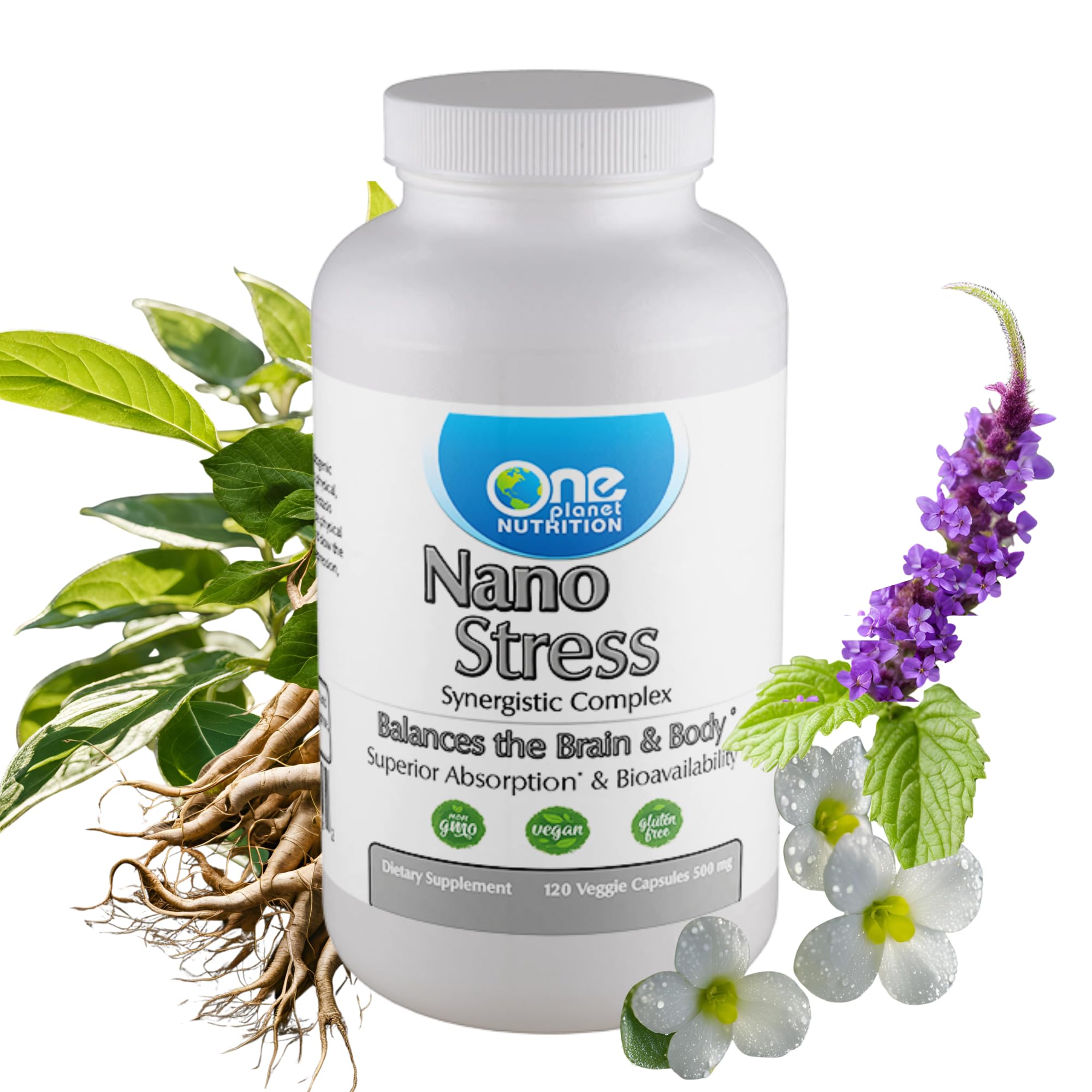 One Planet Nutrition Nano Stress bottle for daily balance and resilience.