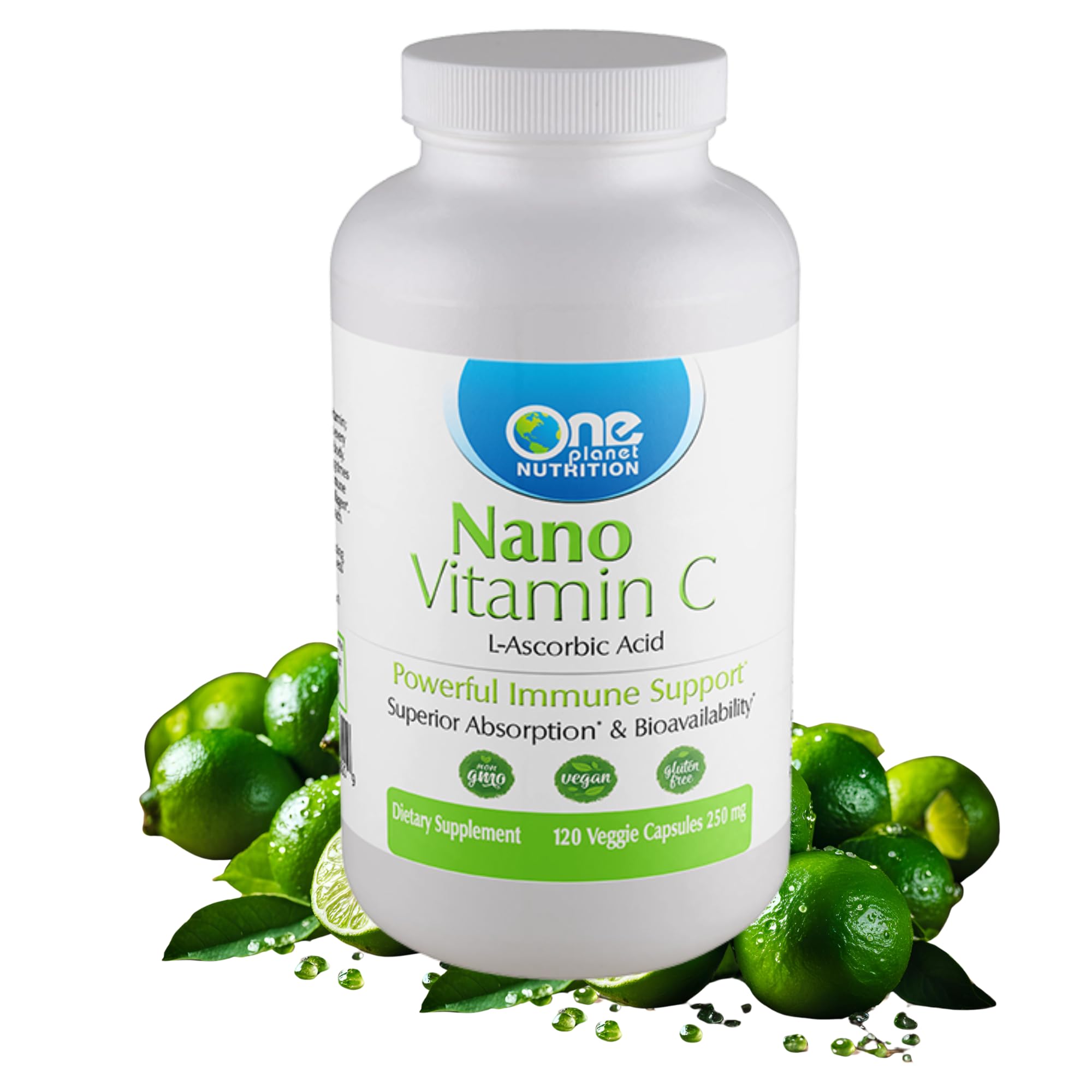 One Planet Nutrition Nano Vitamin C bottle with label showing 250 mg dosage