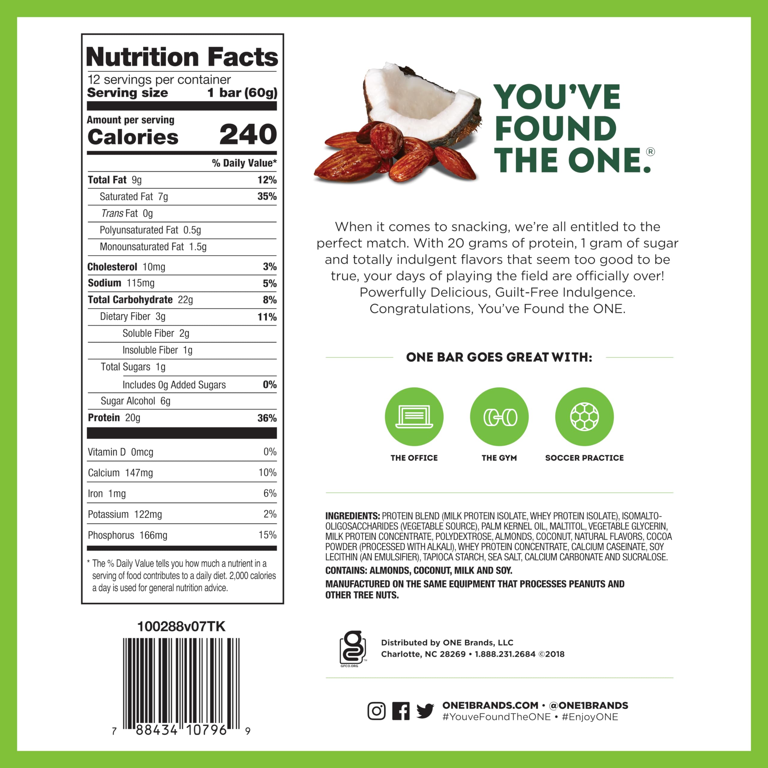 ONE Protein Bars gluten-free label on packaging for dietary flexibility.