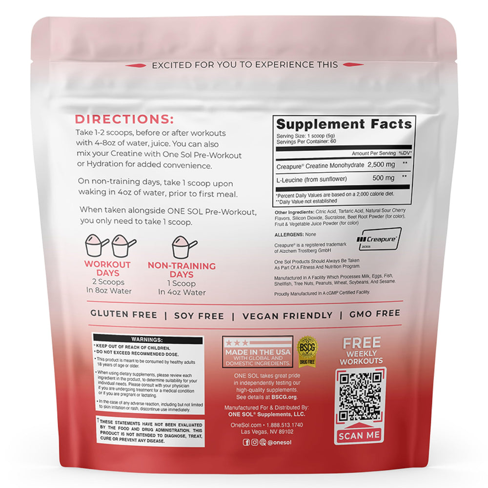 Closeup of One Sol Creatine label highlighting vegan third-party tested formula.