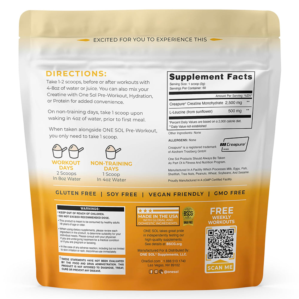 One Sol Creatine para mujeres, cucharada medida, dosis para entrenamiento