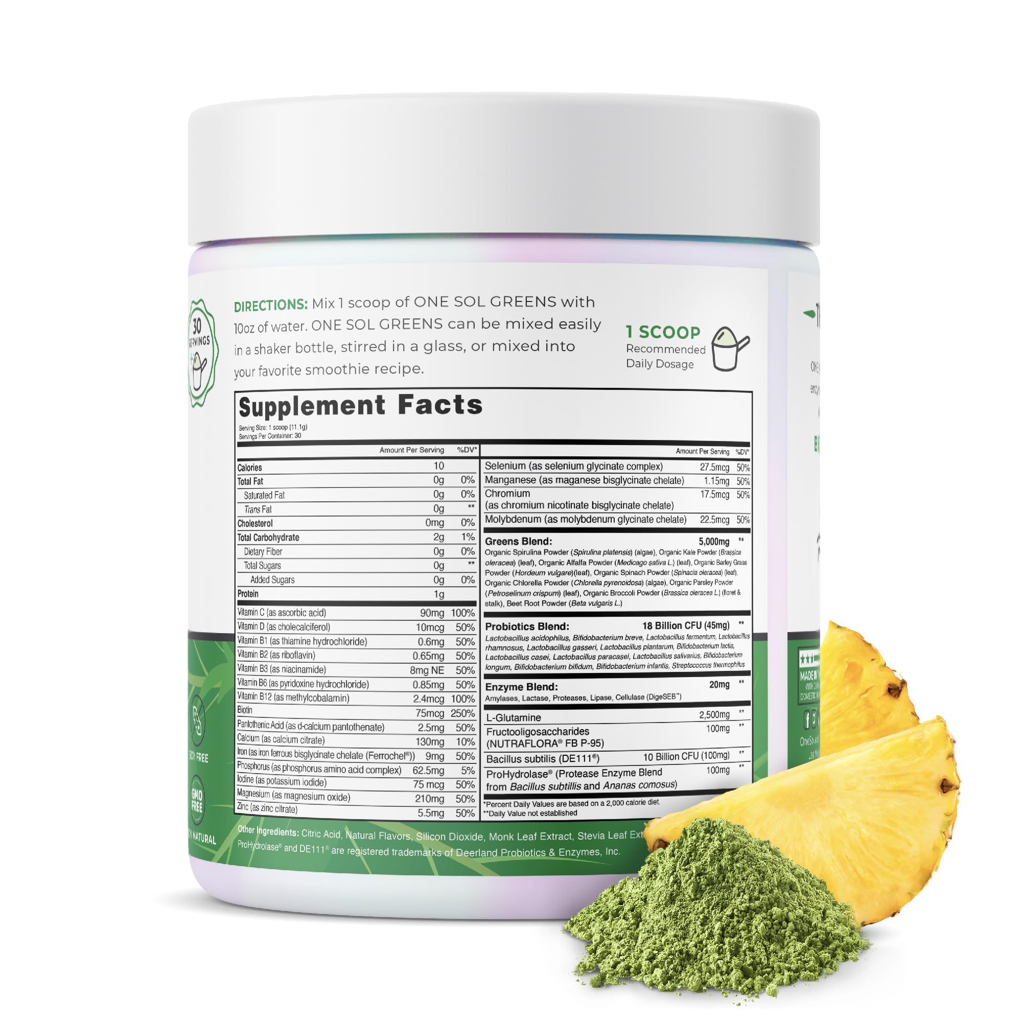 One Sol Greens bottle pouring powder into a glass for gut-friendly daily use.